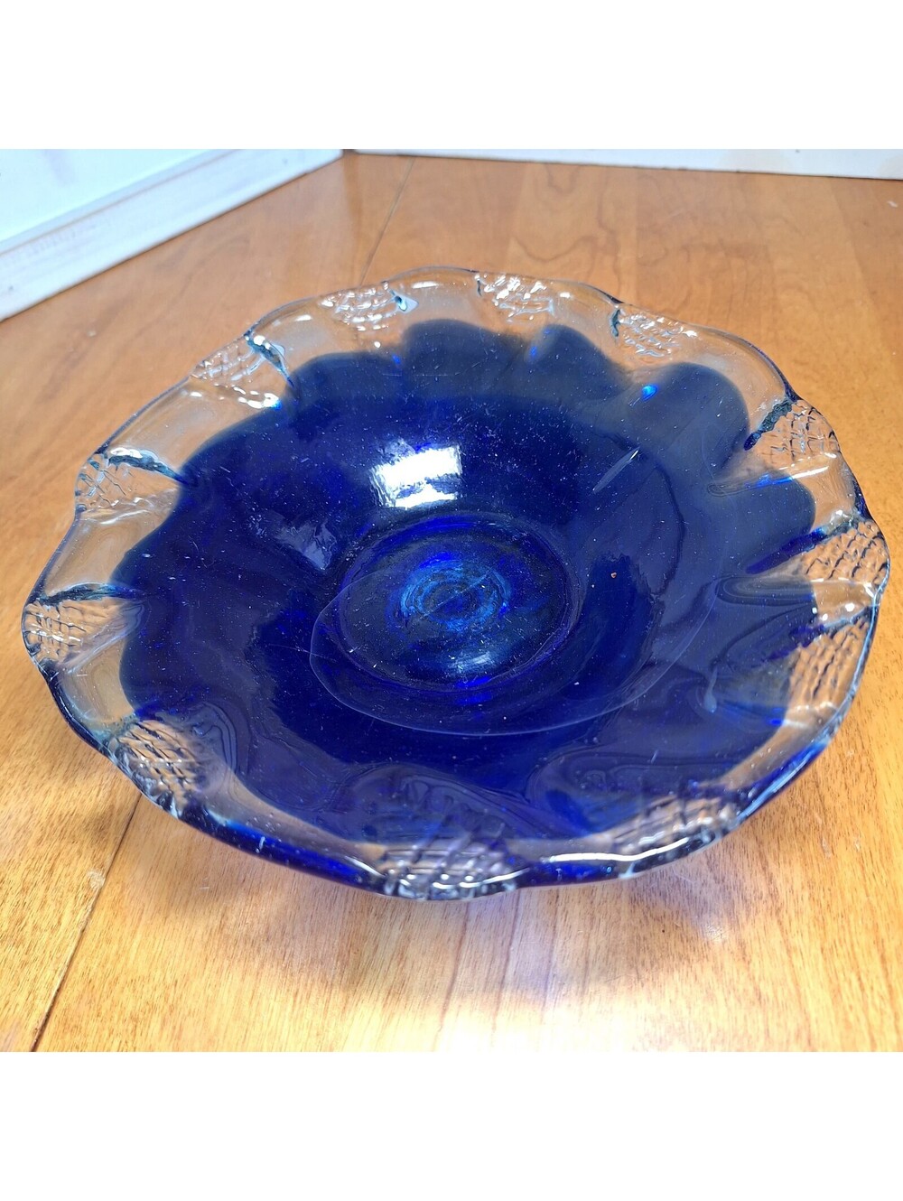 VTG Cobalt Blue Hand Blown Art Glass Bowl Candy Dish Pinched Clear Rim 8.25"W